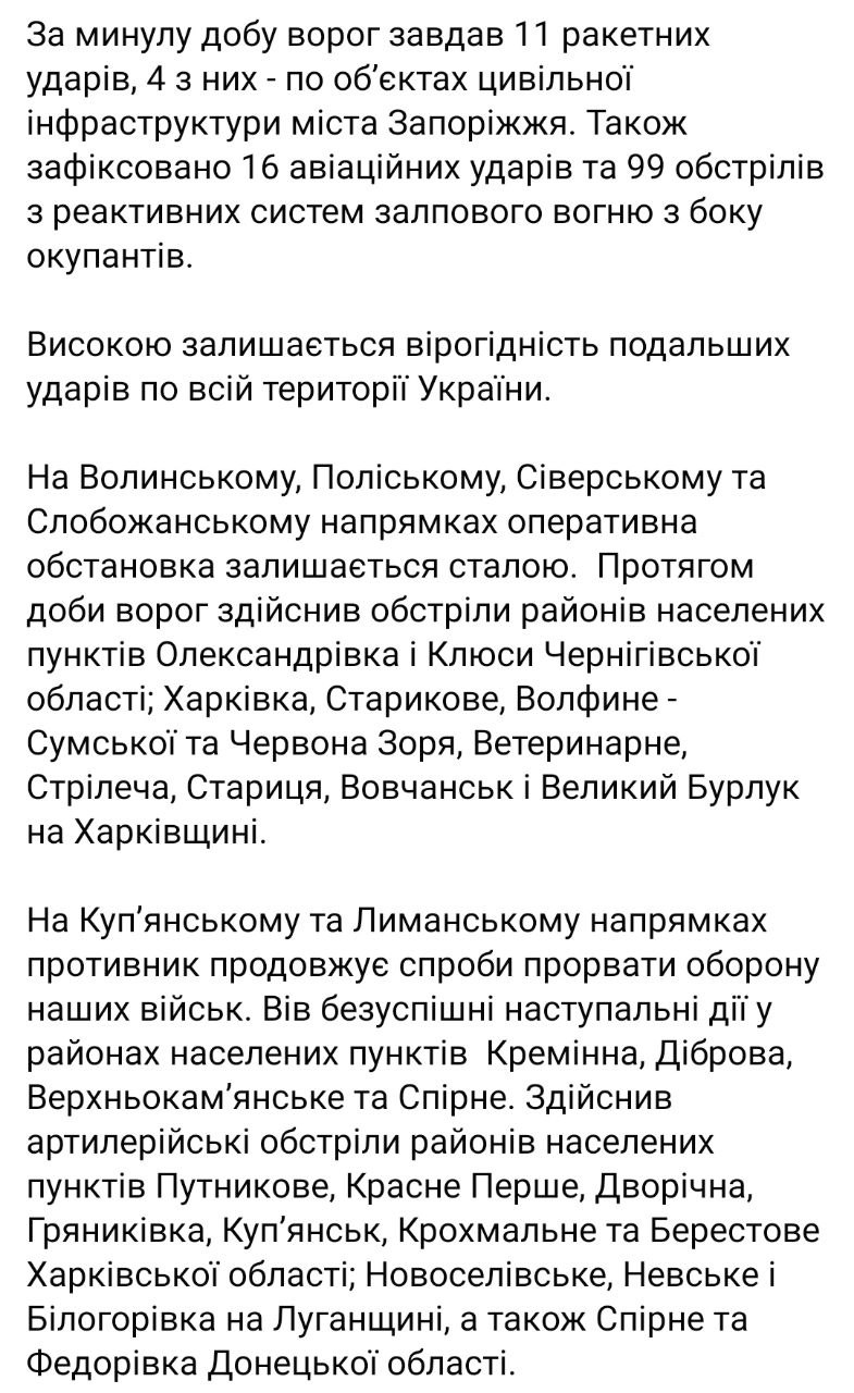 звіт Генштабу ЗСУ