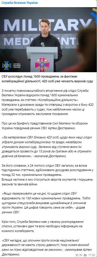 Телеграм-канал СБУ сообщает о том, что служба расследует более 1600 производств по коллаборационизму
