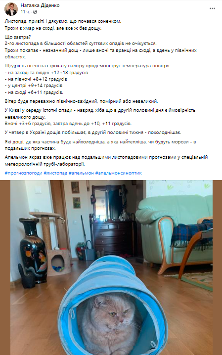 Синоптик Наталья Диденко сообщила о том, что 2 ноября в большинстве областей существенных осадков не ожидается