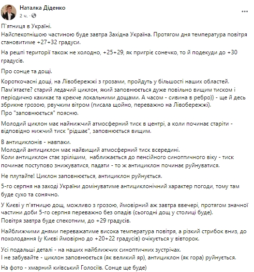 Прогноз погоды в Украине на пятницу 5 августа от Натальи Диденко