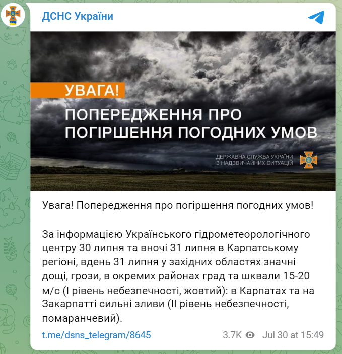 Предупреждение о сильных дождях