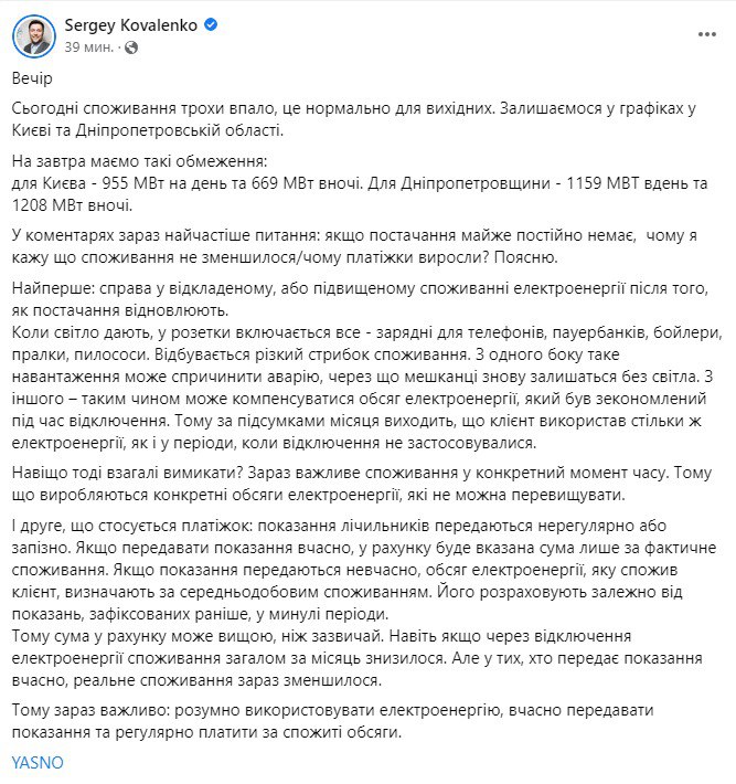 Лимиты электроэнергии на 29 января