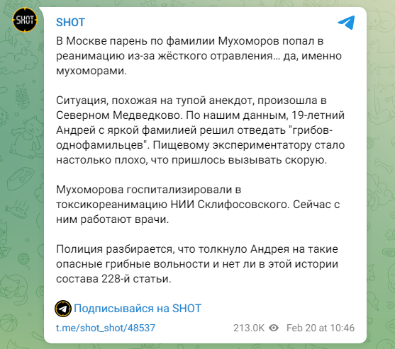 Скриншот из Телеграм SHOT