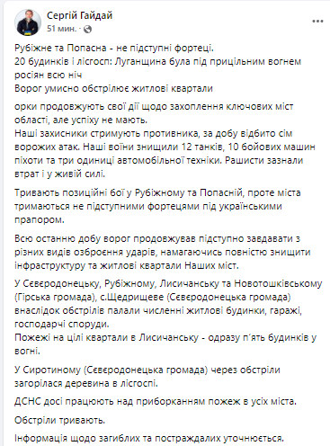 за сутки сильно обстреливали Северодонецк, Лисичанск, Рубежное и другие населенные пункты