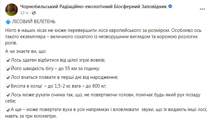 Скриншот из Фейсбука Чернобыльского заповедника