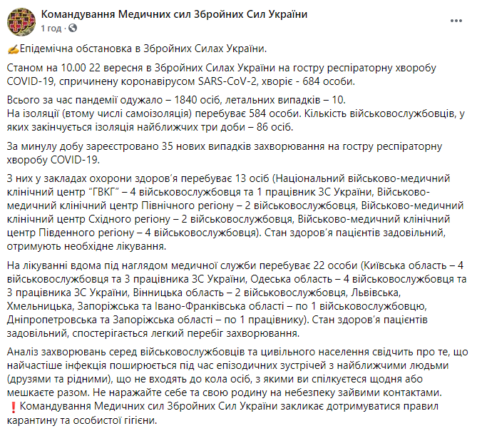 За сутки в ВСУ выявили 35 больных Covid-19. Скриншот: Медсилы ВСУ в Фейсбук