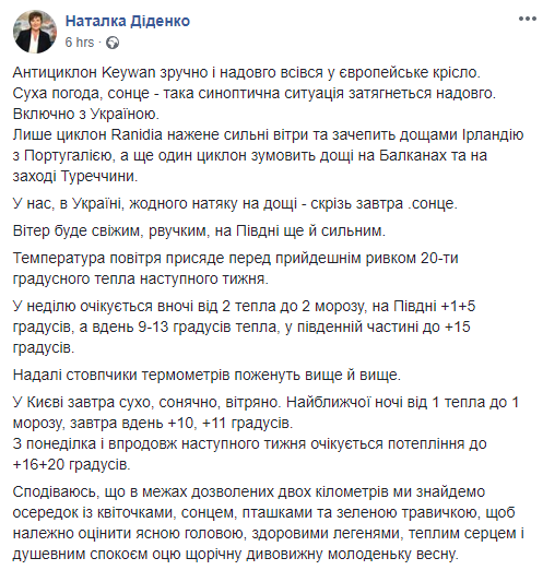 Скриншот: Наталка Диденко в Фейсбук