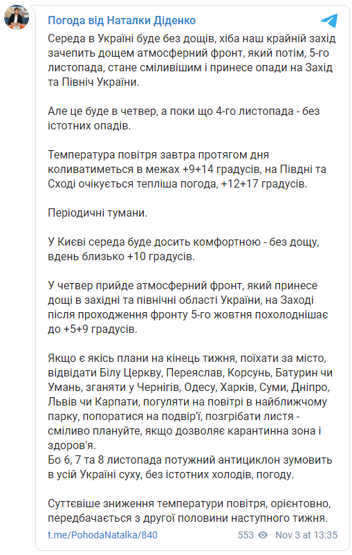 Завтра дожди пройдут только в одном регионе Украины, конец недели будет сухим и комфортным - синоптик. Скриншот: Наталка Диденко