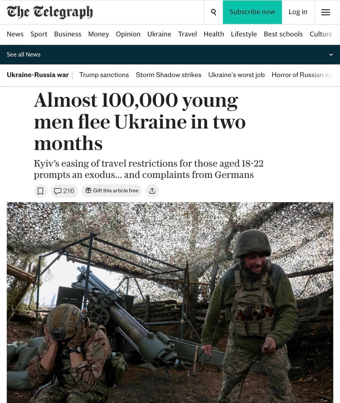 Знімок заголовка на telegraph.co.uk - з України виїхали близько 100 000 військовозобов'язаних 18-22 років