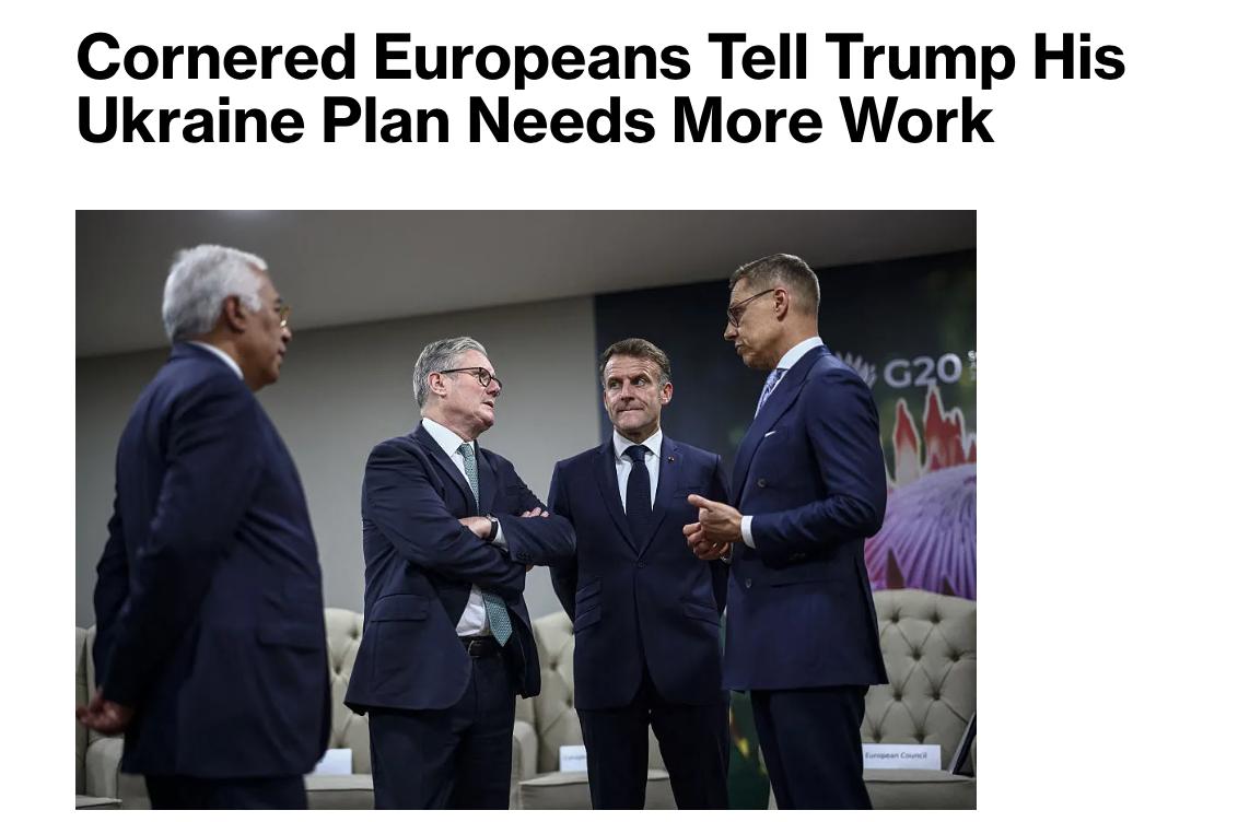 Снимок заголовка на bloomberg.com - Трамп загнал Европу в угол мирным планом для Украины