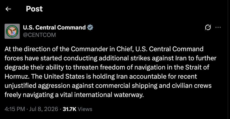 Снимок сообщения в Х – США подтверждают возобновление ударов по Ирану