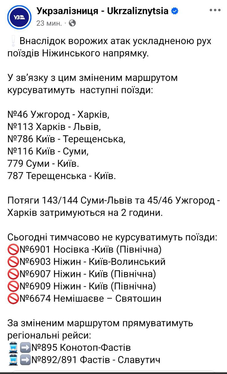 Перелік скасованих поїздів Укрзалізниці