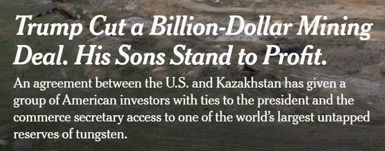 Снимок сообщения на nytimes.com – Трамп заключил сырьевую сделку с Казахстаном