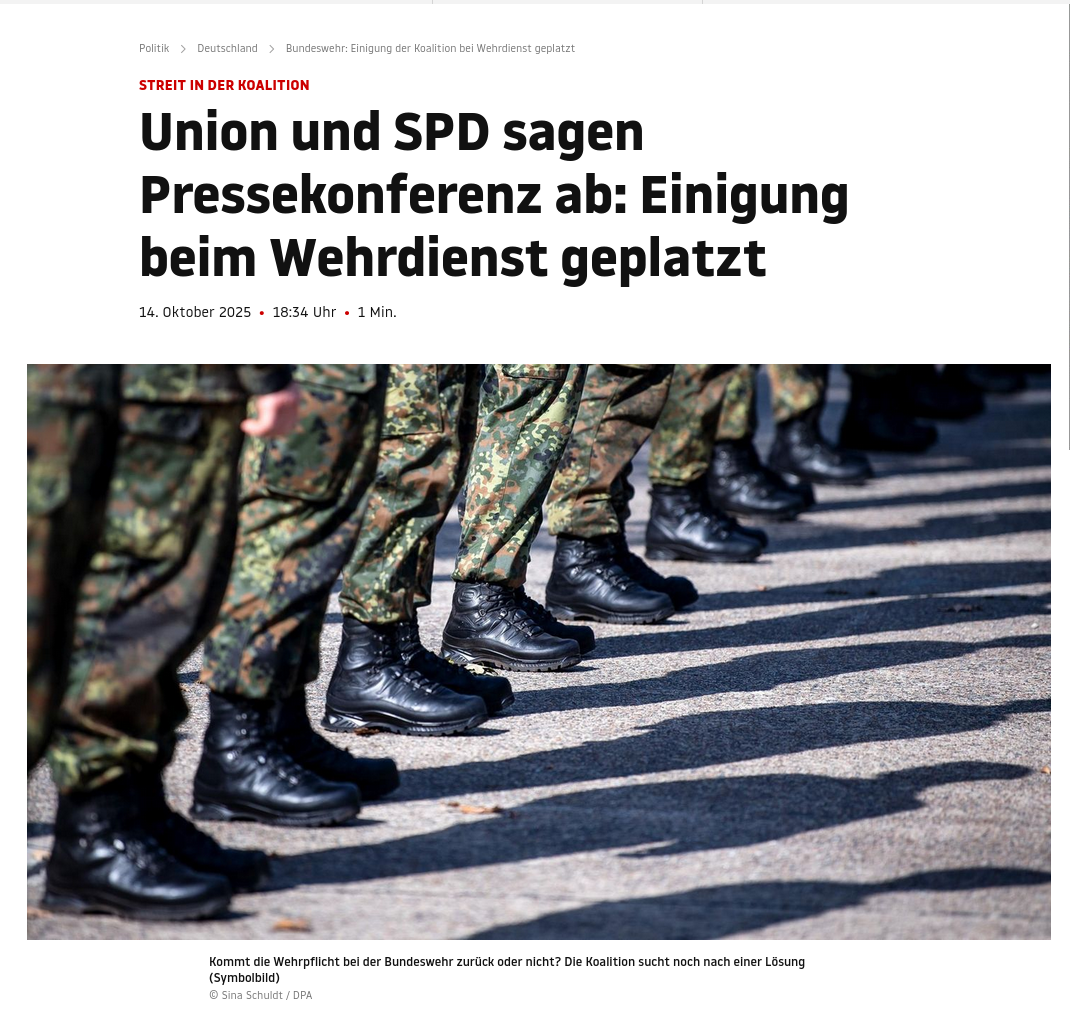 Снимок заголовка на stern.de - в ФРГ не смогли вынести в парламент введение обязательной военной службы