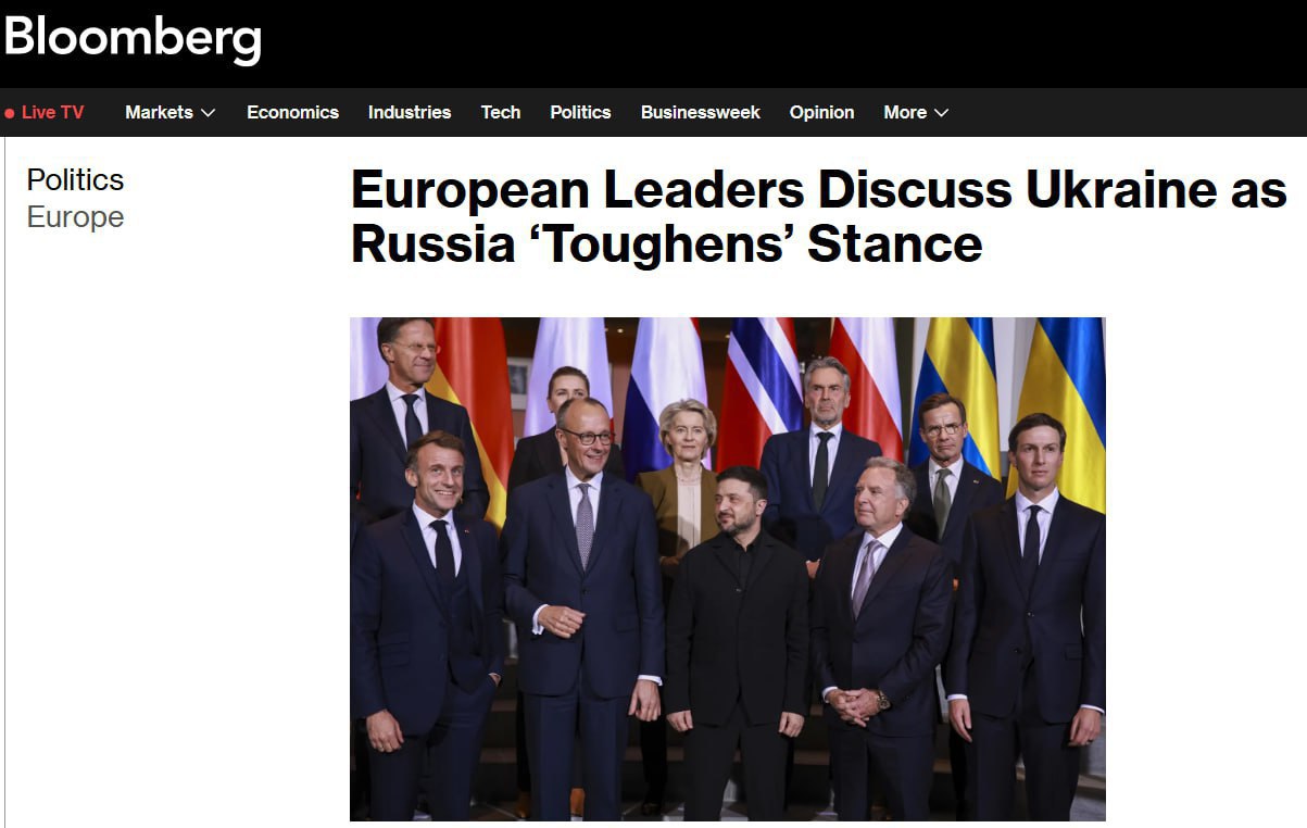 Снимок заголовка на bloomberg.com - Лидеры ЕС провели срочный разговор после заявления РФ об атаке на резиденцию Путина