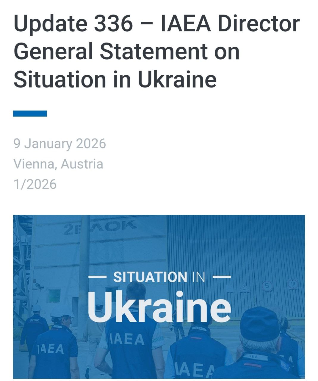 Знімок заголовка на iaea.org - МАГАТЕ веде консультації щодо перемир'я біля Запорізької АЕС для проведення ремонту
