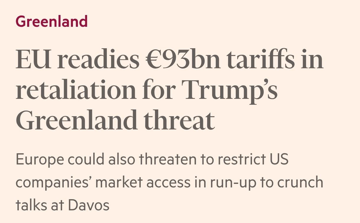 Знімок заголовка на ft.com - Євросоюз мита проти США на €93 млрд через Гренландію