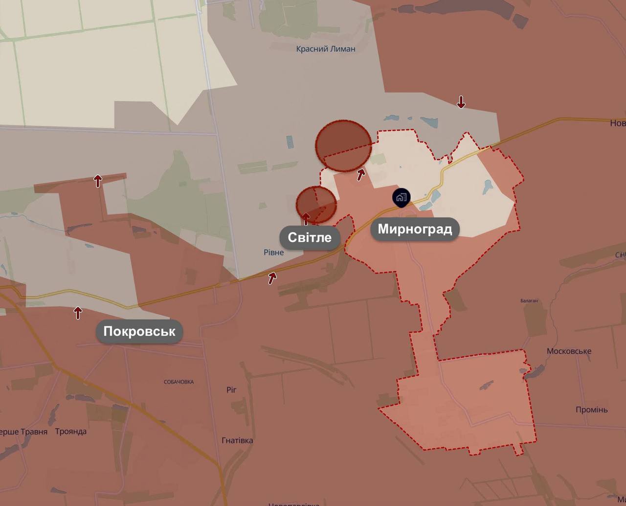 Мирноград. Карта бойових дій. Джерело - Телеграм