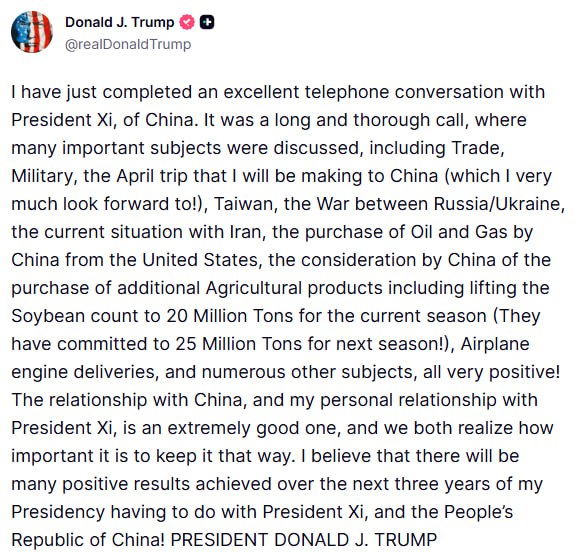 Знімок повідомлення на truthsocial.com - Трамп провів телефонну розмову із Сі Цзіньпіном